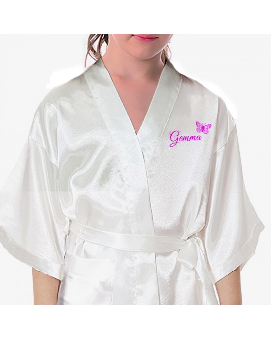 Children's / Kids Personalised satin robe. Beautiful Butterflies Personalised Ivory Satin Robe. Printed In Pink