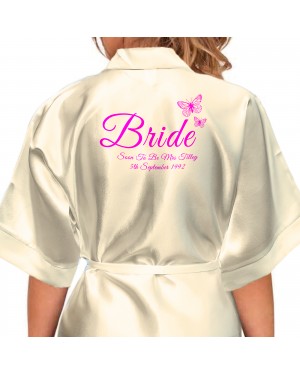 Beautiful Butterflies Personalised Ivory Satin Robe. Printed in a nice shade of pink. Beautiful Butterflies Personalised Ivory Satin Robe. Printed in a nice shade of pink.