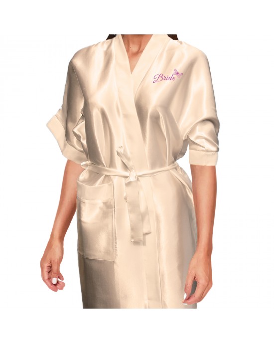 Beautiful Butterflies Personalised Ivory Satin Robe. Printed in a nice shade of pink.