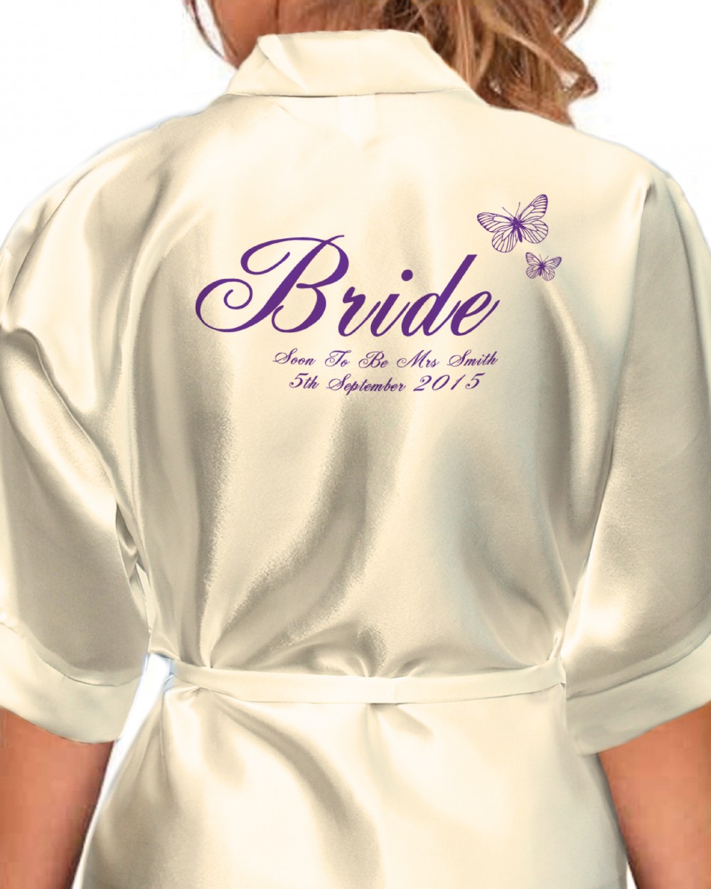 Beautiful Cadburys Purple Butterflies Personalised Ivory Satin Robe