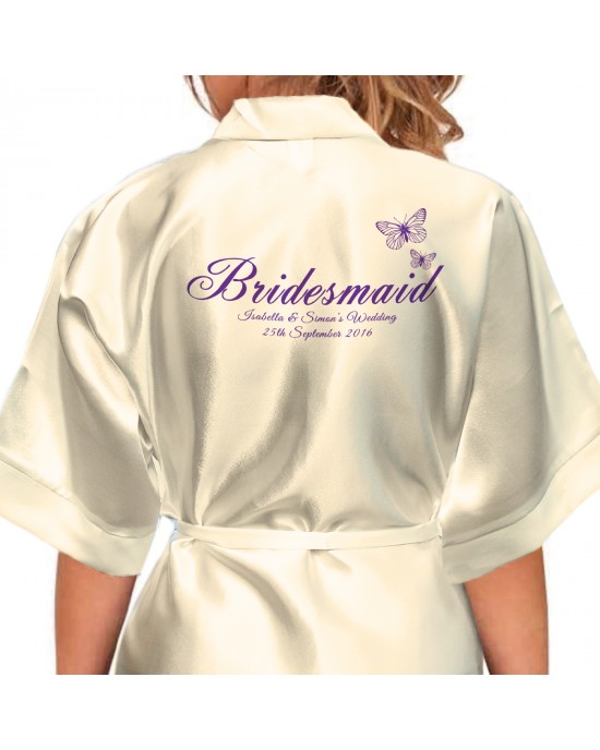 Beautiful Cadburys Purple Butterflies Personalised Ivory Satin Robe. Wedding Robe