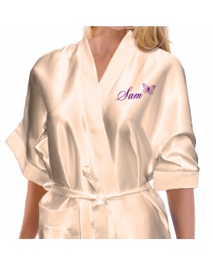 Beautiful Cadburys Purple Butterflies Personalised Ivory Satin Robe. Wedding Robe Beautiful Cadburys Purple Butterflies Personalised Ivory Satin Robe. Wedding Robe