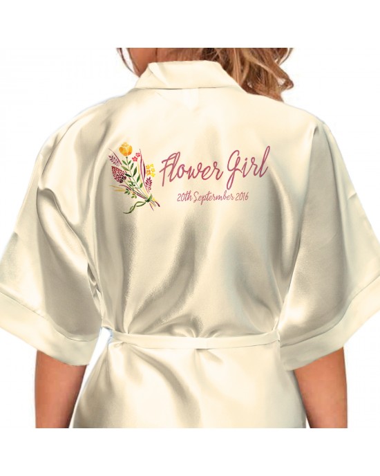 Colourful Floral Design Personalised Ivory Satin Robe. Wedding Favours For The Whole Wedding Party, Bridesmaid. Bride