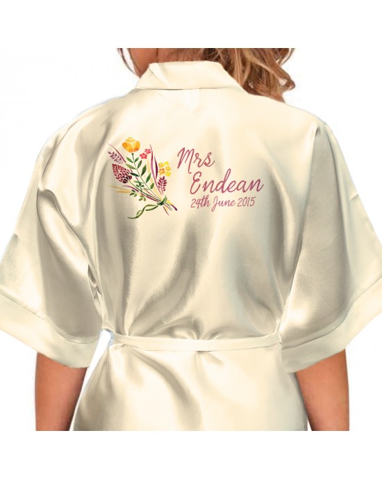 Colourful Floral Design Personalised Ivory Satin Robe. Wedding Favours For The Whole Wedding Party, Bridesmaid. Bride