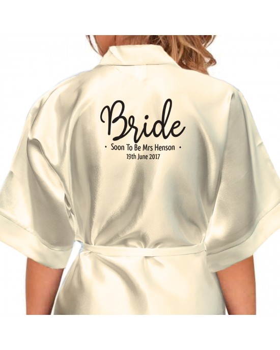 Bride, Flower Girl, Bridesmaid Satin Robe. Simple Script Front Design. Available in Colours