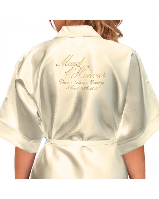 Beautiful Elegant Personalised Ivory Satin Robe. Silver & Gold Effect Text. Wedding Kimonos