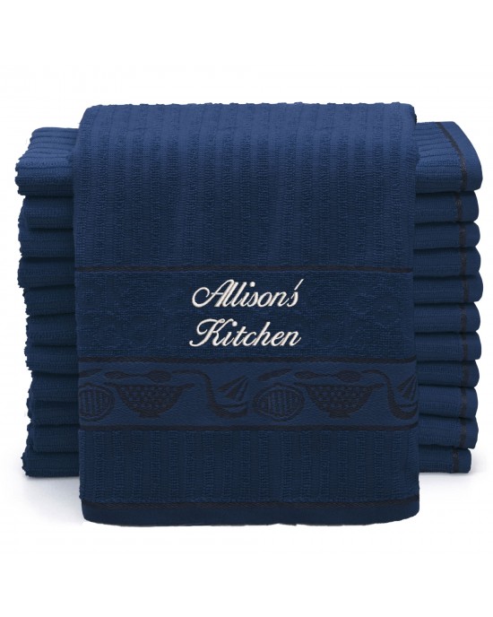 Embroidered Personalised Cotton Tea Towel, Kitchen Cooks Navy Blue Tea Towel