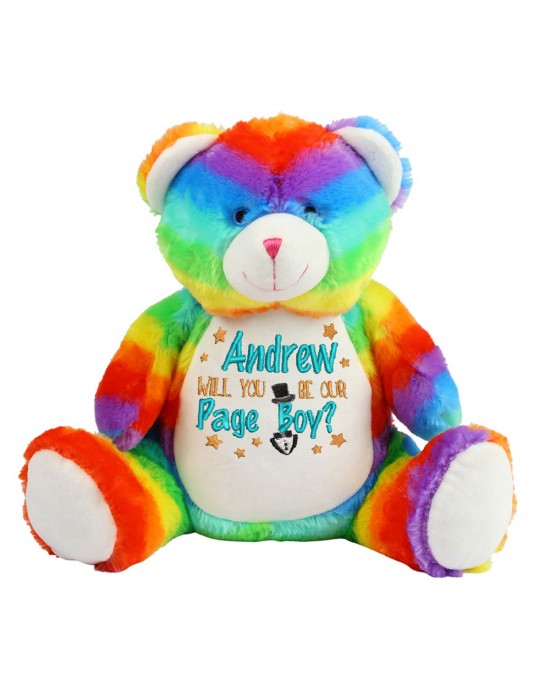 Personalised Will you be Our Page Boy Gift Embroidered Large Rainbow Teddy Bear