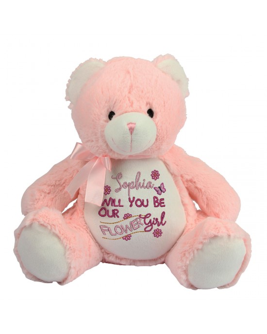 Personalised Embroidered Will you be our flower girl gift Large 40cm Teddy Pink & blue Bear.