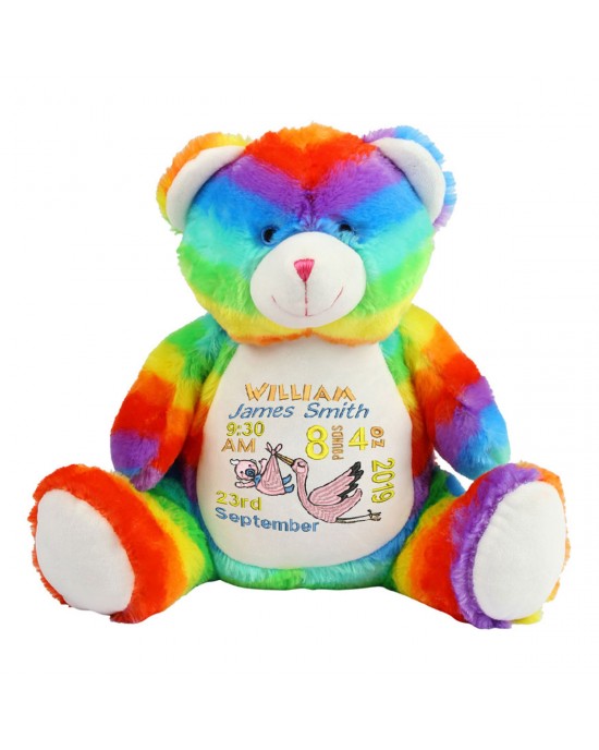 Personalised Embroidered New Born Gift Large Rainbow Teddy Bear