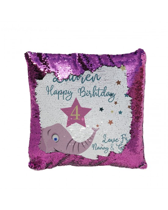 Personalised Sequin reveal Cushion Child's Birthday Gift, Cute Elephant  Design