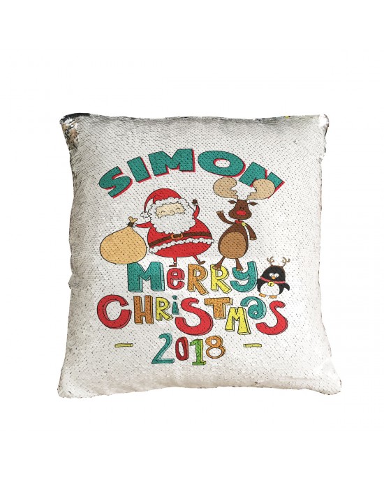 Personalised Sequin Glitter Reveal Cushion. Cute Cartoon Santa & Rudolph Design. Fab Kids Gift