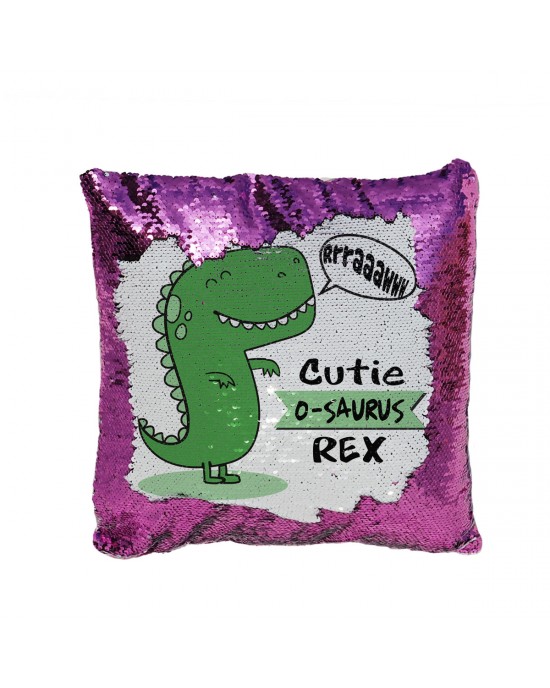 Personalised Cartoon T Rex Dinosaur Cushion. For you Child's Bedroom. Sequin reveal cushion