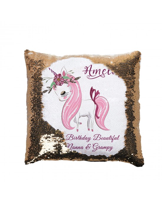 Personalised Unicorn Sequin Glitter Cushion. Personalised With Message, Available In Colours 