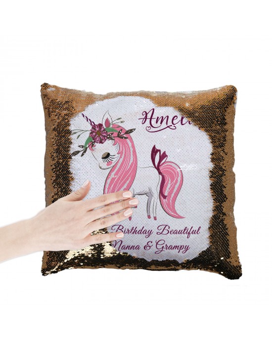Personalised Unicorn Sequin Glitter Cushion. Personalised With Message, Available In Colours 