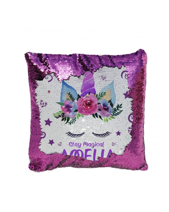 Personalised Stay Magical Unicorn Christmas Cushion. Sequin reveal cushion. Perfect gift for little girls.