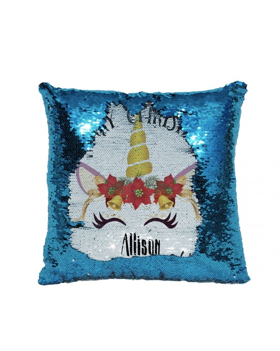 Personalised Unicorn Christmas Cushion. Sequin reveal cushion. Perfect gift for little girls.