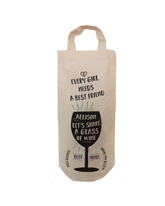 Best Friend personalised Gift bottle bag. Simple black print with the image showing wine glass and your text.