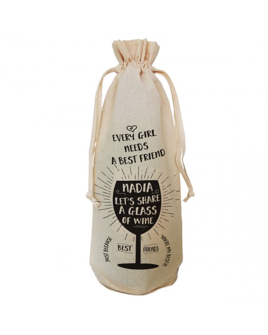Best Friend Thank you personalised Gift bottle bag. Simple black print with wine glass image.