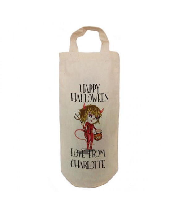 Halloween Little Devil Personalised Natural Cotton Wine Bottle Bag. With handles. Gift With a personal message.