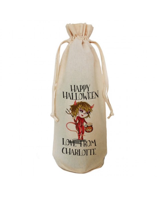 Halloween Little Devil Party Bottle Gift Bag Natural Cotton Wine Bottle Bag. Draw String Neck Tie Gift With a personal message.