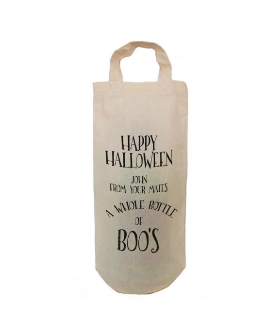 Halloween Little Bottle of Boo's Personalised Natural Cotton Wine Bottle Bag. With handles.
