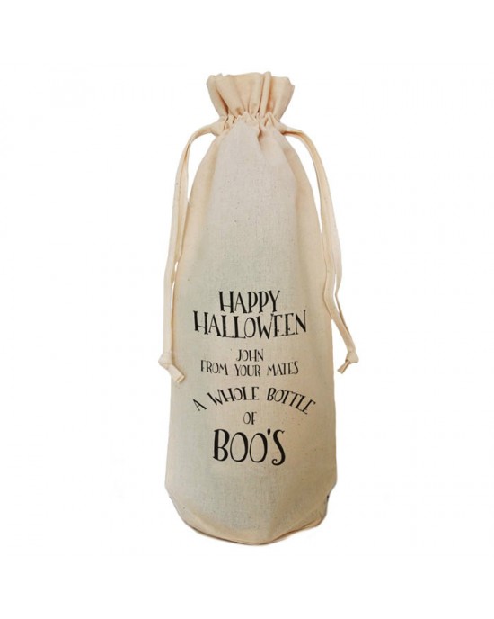 Halloween Little Bottle of Boo's Gift Bag Natural Cotton Wine Bottle Bag. Draw String Neck Tie Gift With a personal message.
