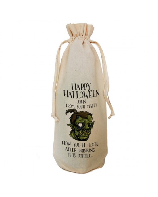 Halloween Joke Zombie Gift Bag Natural Cotton Wine Bottle Bag. Draw String Neck Tie Gift With a personal message.