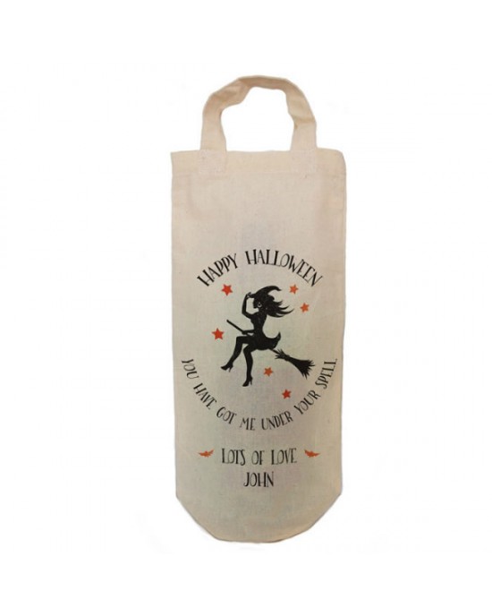 Halloween Witch Personalised Bottle bag. Natural Cotton Wine Bottle Bag. With handles. 